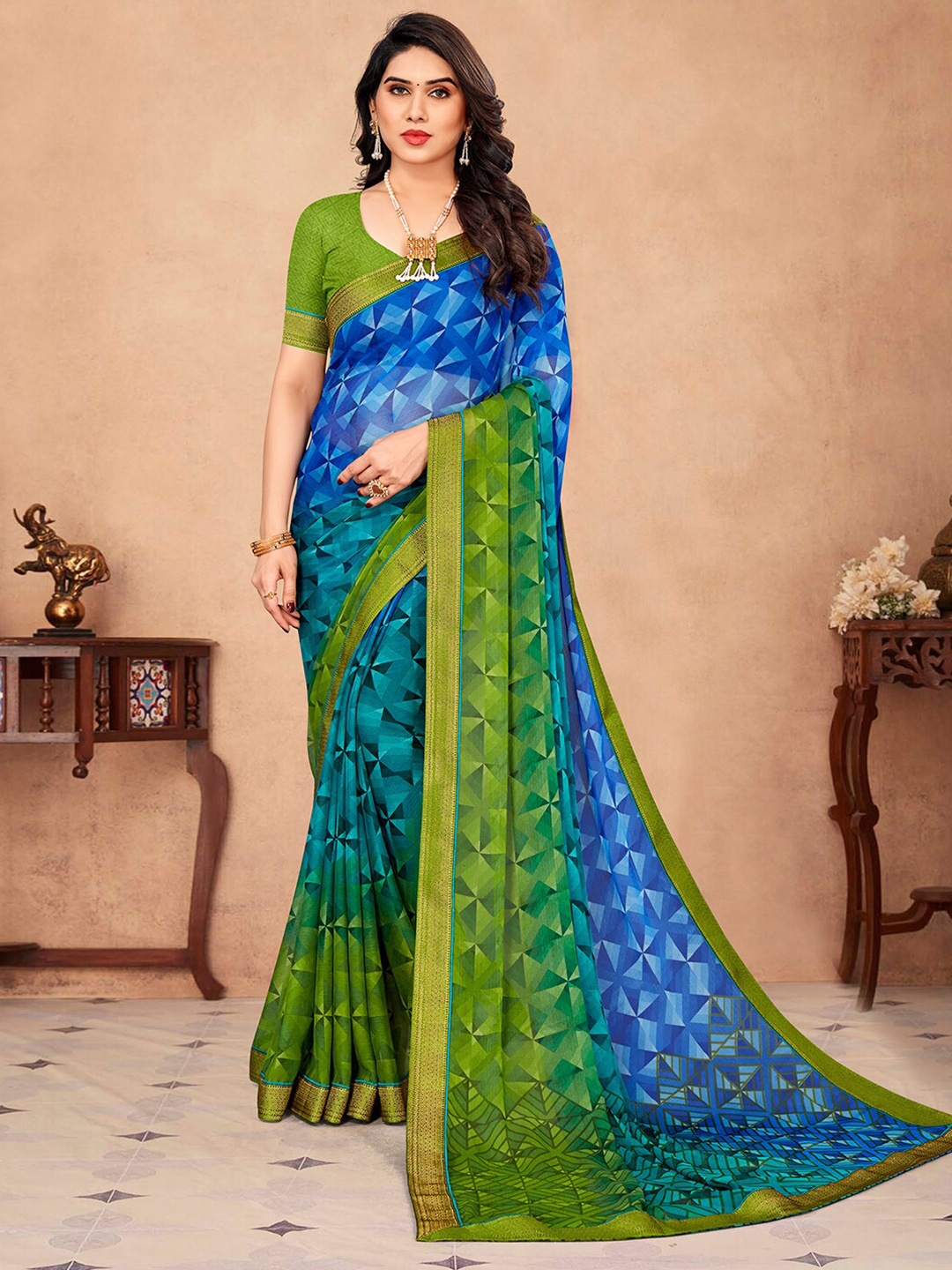 

Mitera Geometric Poly Chiffon Zari Saree With Blouse Piece, Green