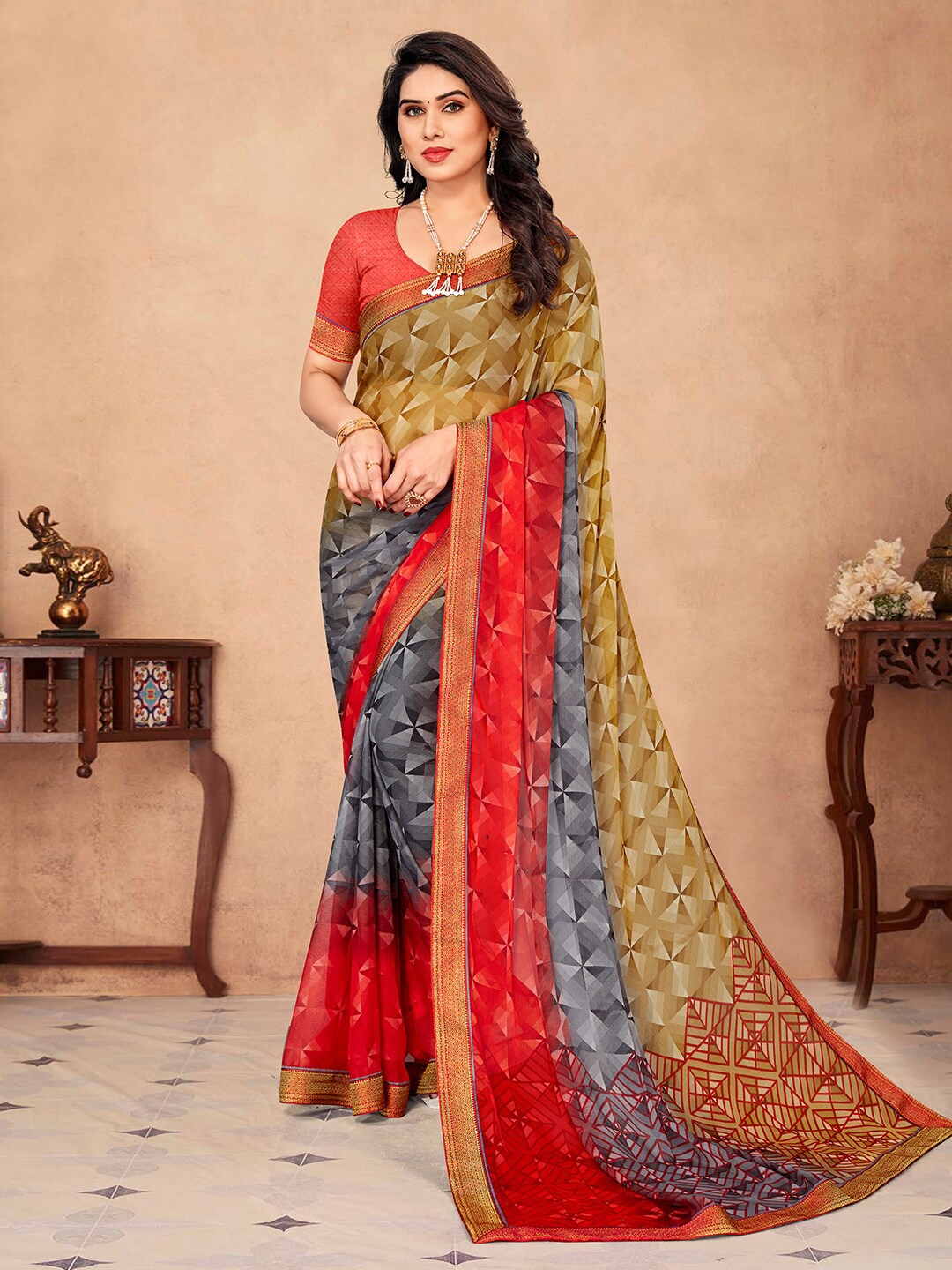 

Mitera Geometric Printed Saree, Grey