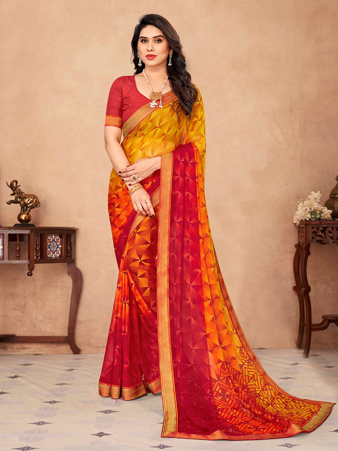 

Mitera Red & Orange Geometric Printed Zari Saree