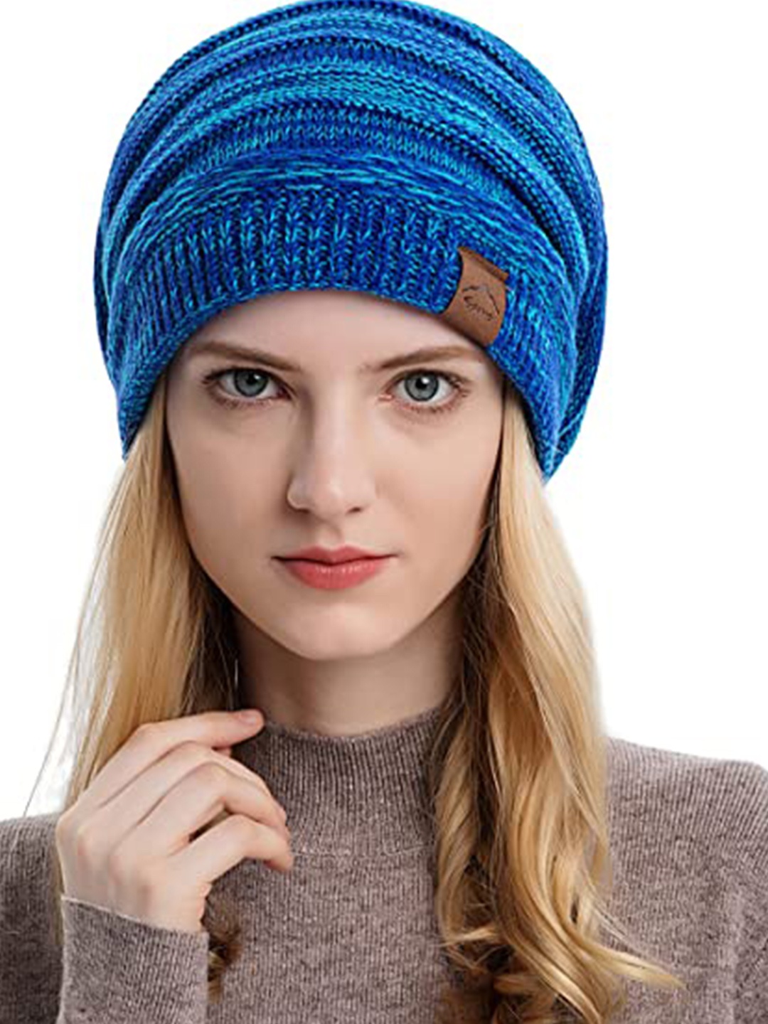 

Alexvyan Women Self Design Woollen Knitted Beanie, Blue