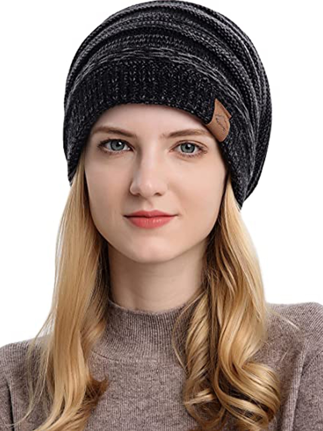 

Alexvyan Women Self Design Winter Woollen Knitted Beanie, Black