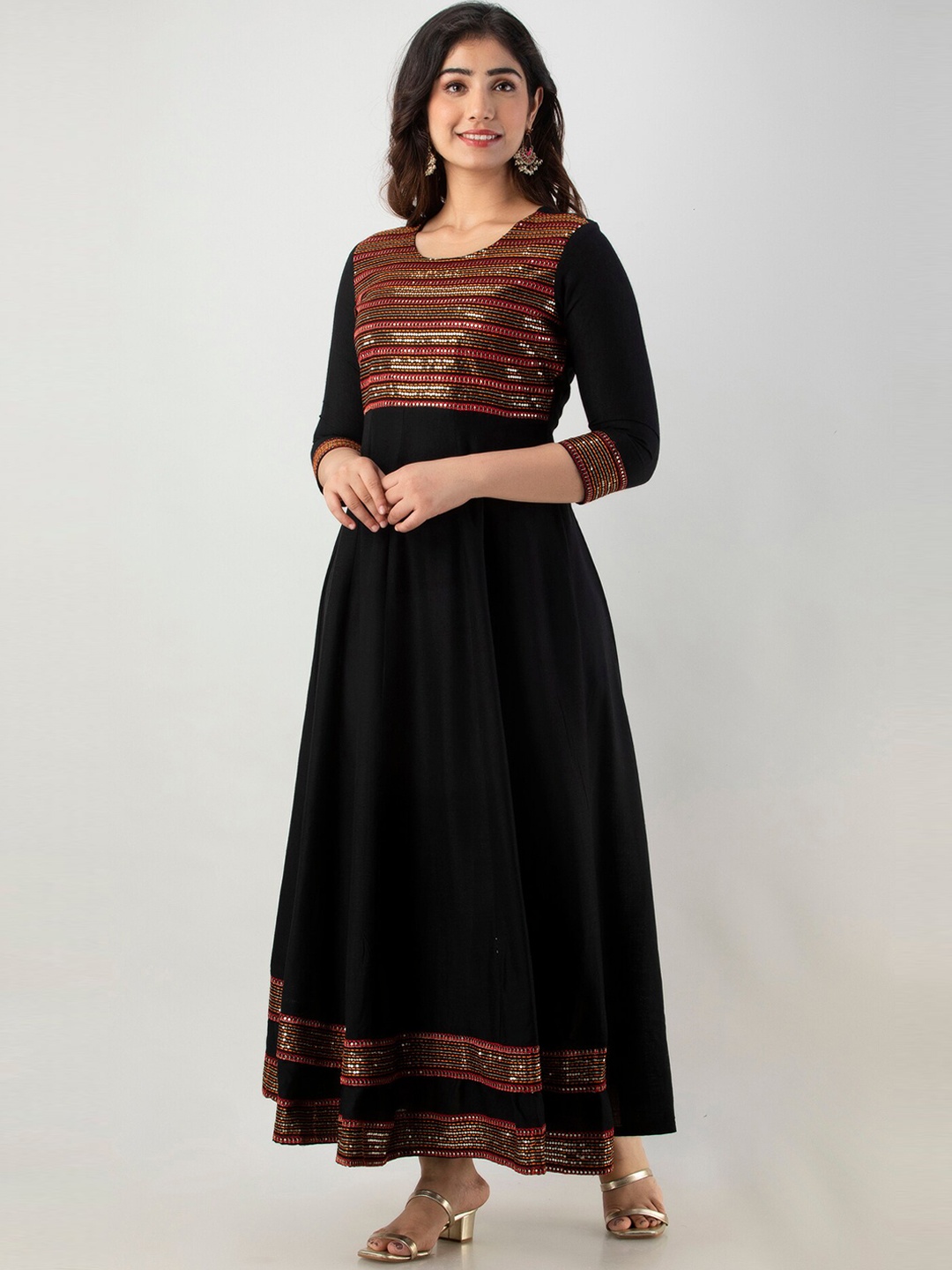 

FASHION DEPTH Striped Embellished Maxi Ethnic Dress, Black