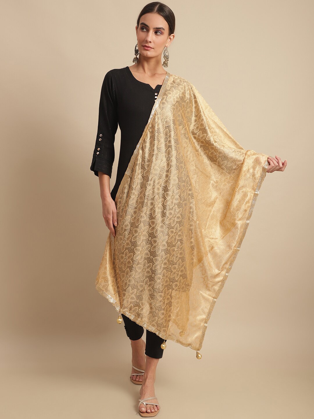 

LOOM LEGACY Floral Woven Design Dupatta, Gold