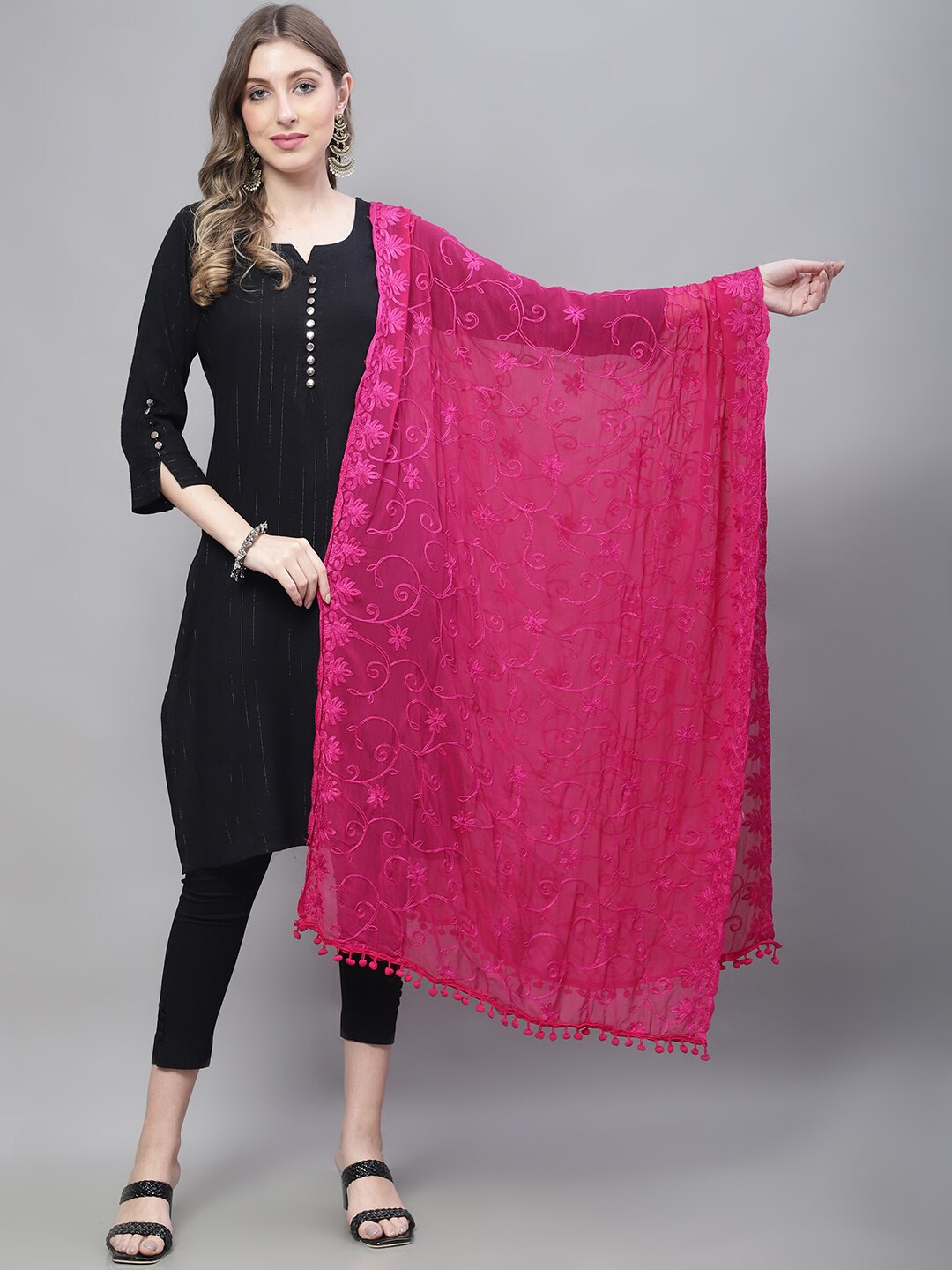 

LOOM LEGACY Floral Embroidered Thread Work Dupatta, Magenta