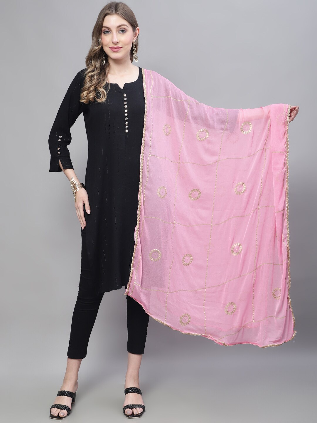 

LOOM LEGACY Floral Foil Printed Dupatta, Pink