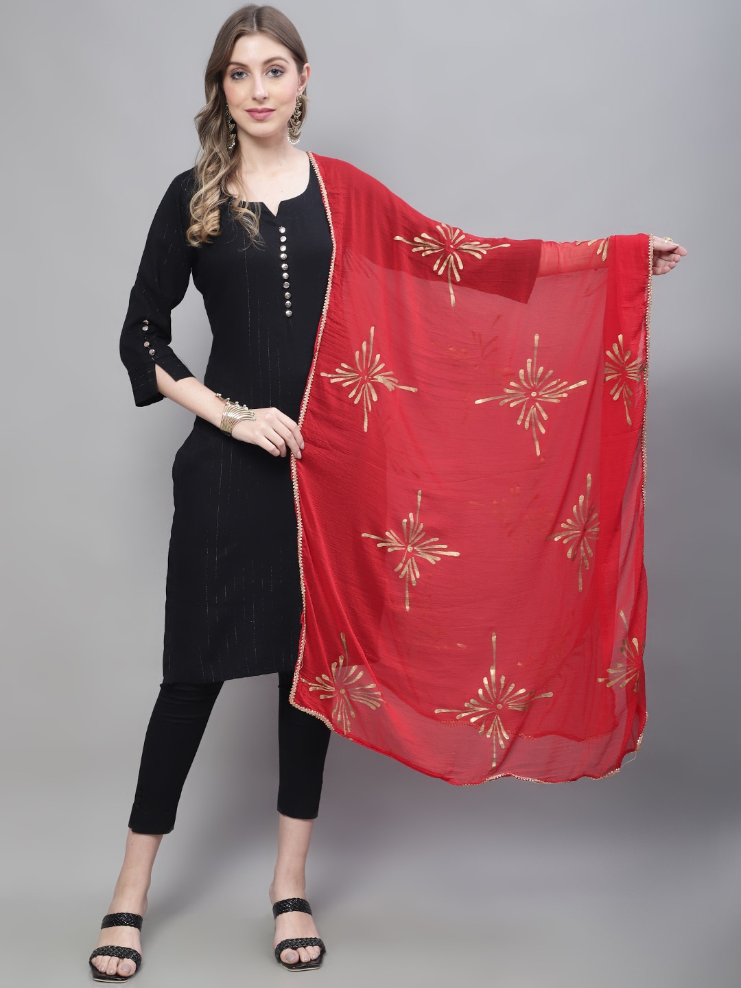 

LOOM LEGACY Ethnic Motifs Foil Printed Dupatta, Red