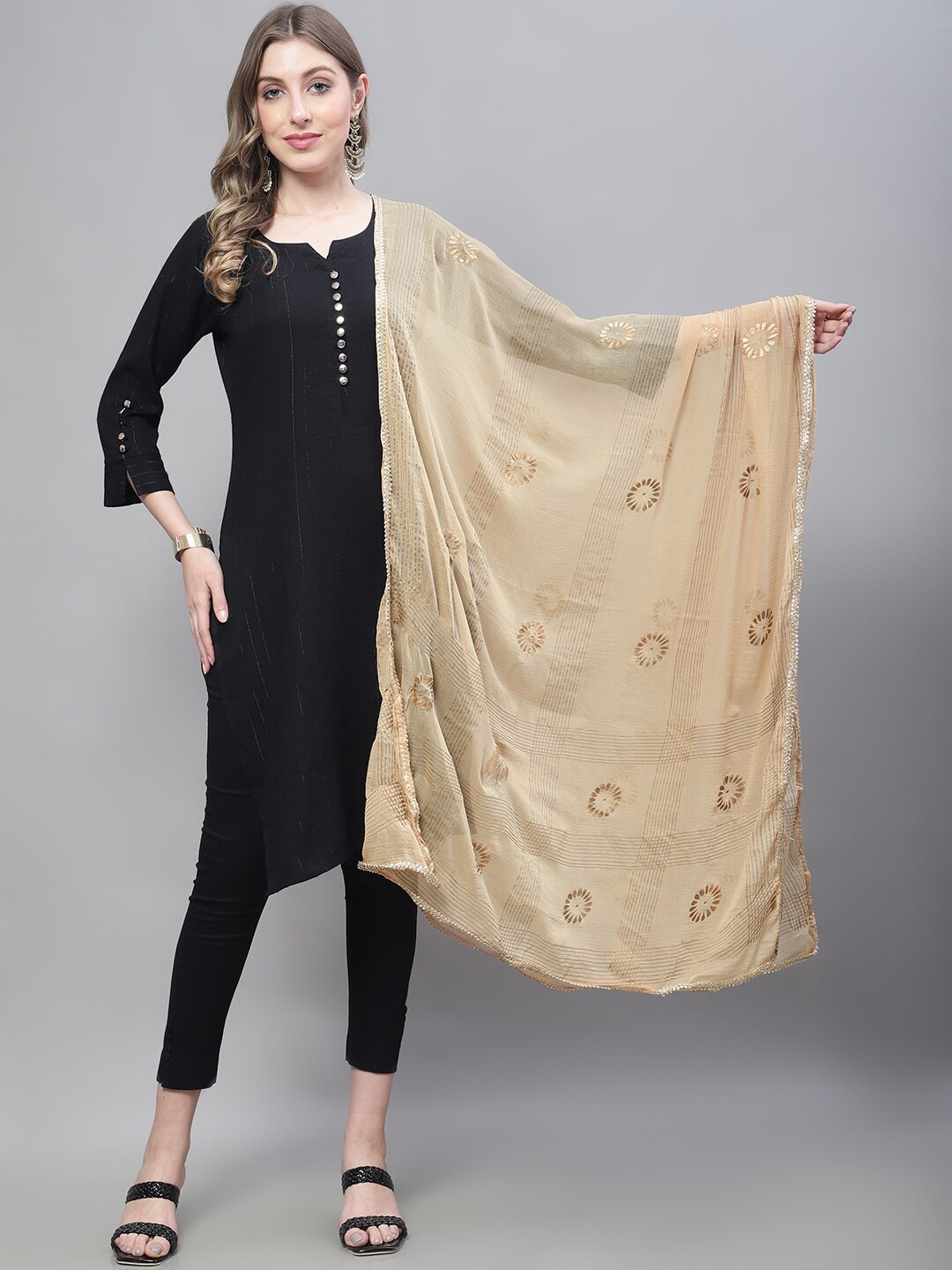 

LOOM LEGACY Floral Foil Printed Dupatta, Gold