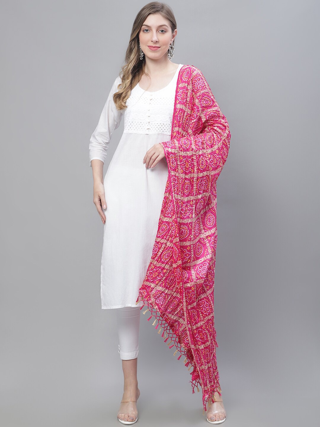 

LOOM LEGACY Bandhani Woven Design Zari Dupatta, Magenta