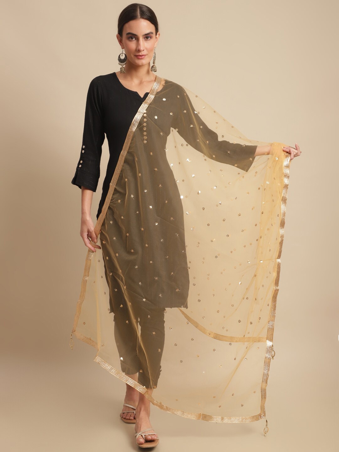 

LOOM LEGACY Ethnic Motifs Sequinned Embroidered Dupatta, Gold