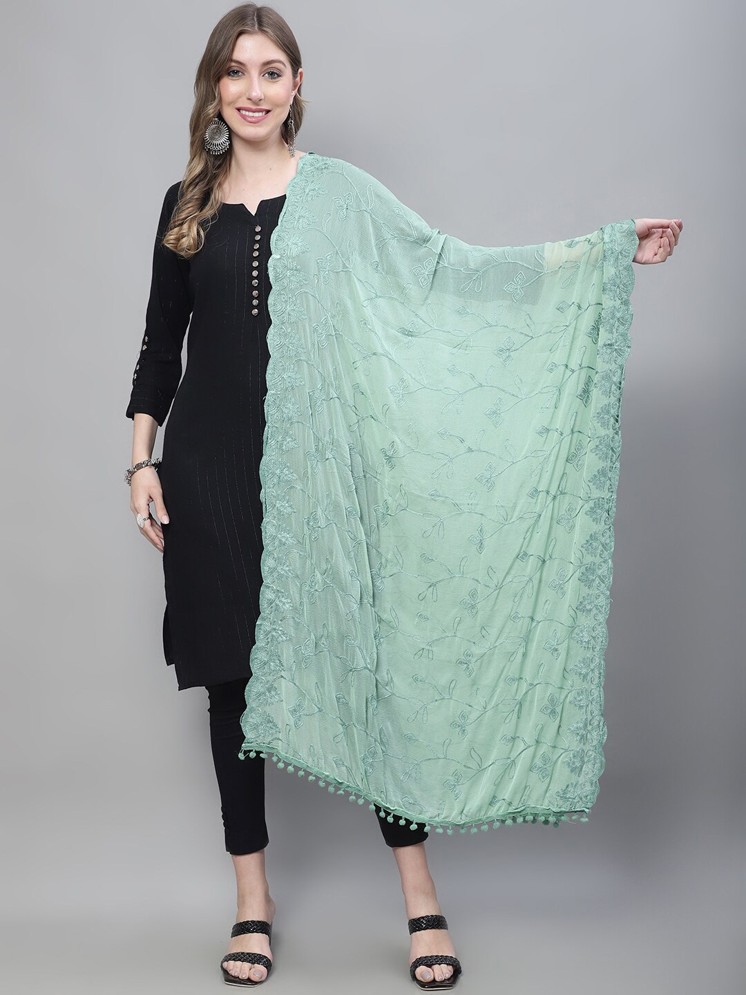 

LOOM LEGACY Floral Embroidered Dupatta, Green