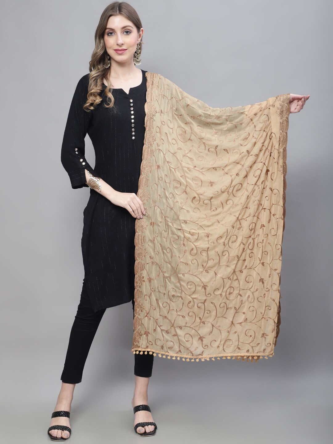 

LOOM LEGACY Floral Woven Design Thread Work Dupatta, Beige