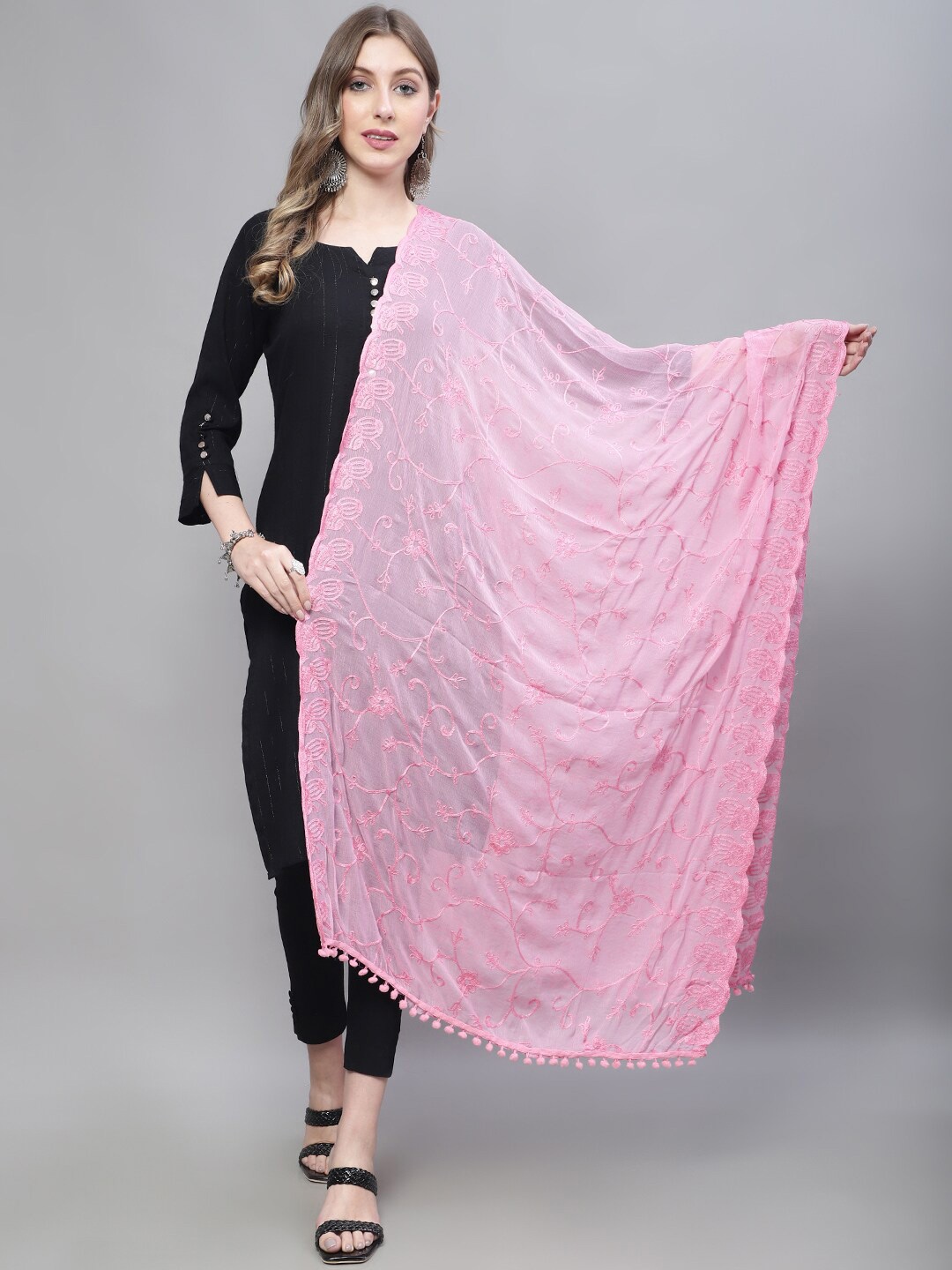 

LOOM LEGACY Floral Embroidered Dupatta, Pink