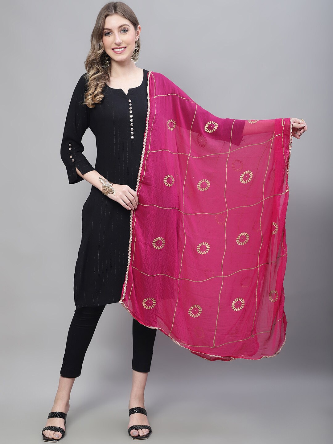 

LOOM LEGACY Checked Printed Foil Print Dupatta, Pink