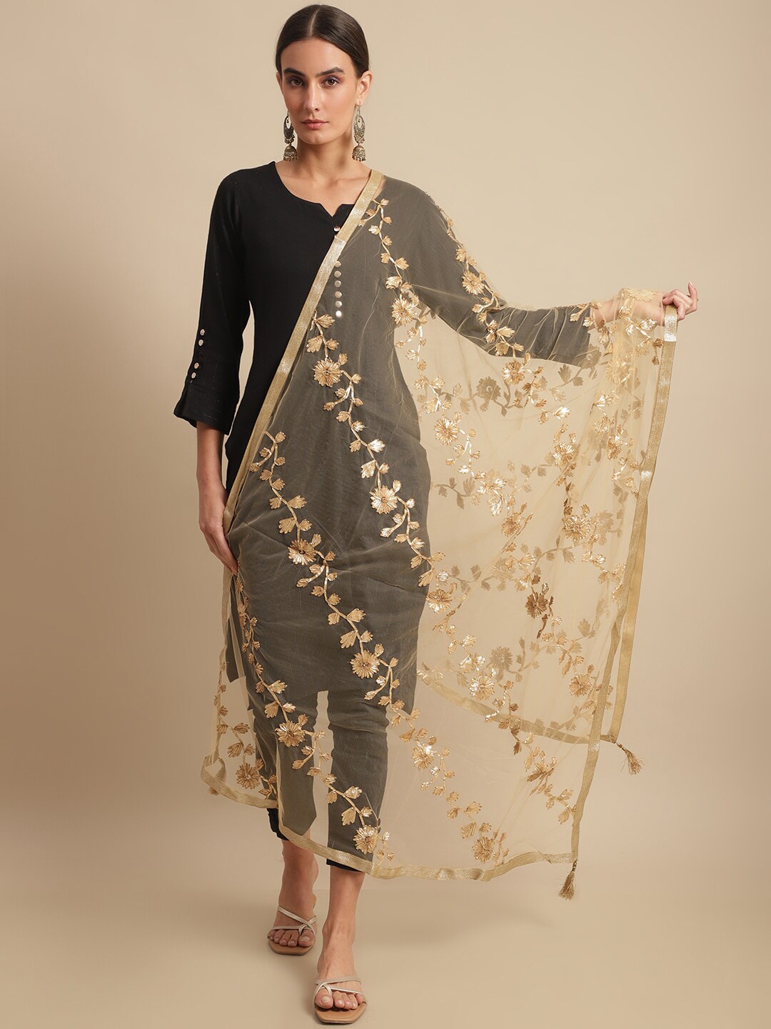 

LOOM LEGACY Floral Self Design Gotta Patti Dupatta, Gold