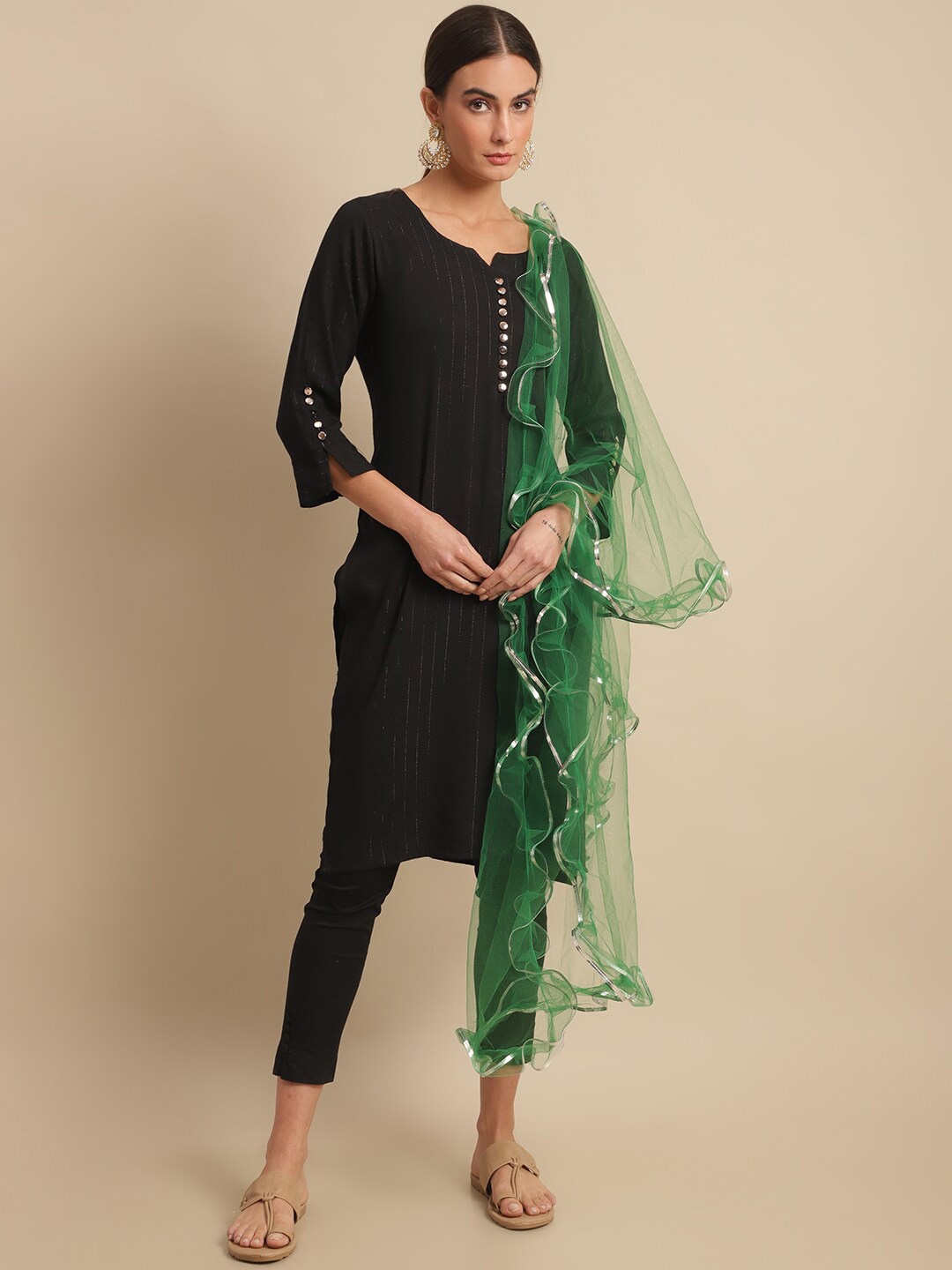 

LOOM LEGACY Gotta Patti Dupatta With Ruffles, Green