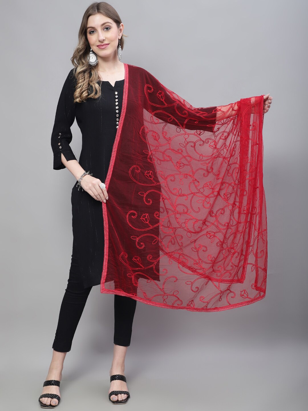 

LOOM LEGACY Floral Embroidered Thread Work Dupatta, Red