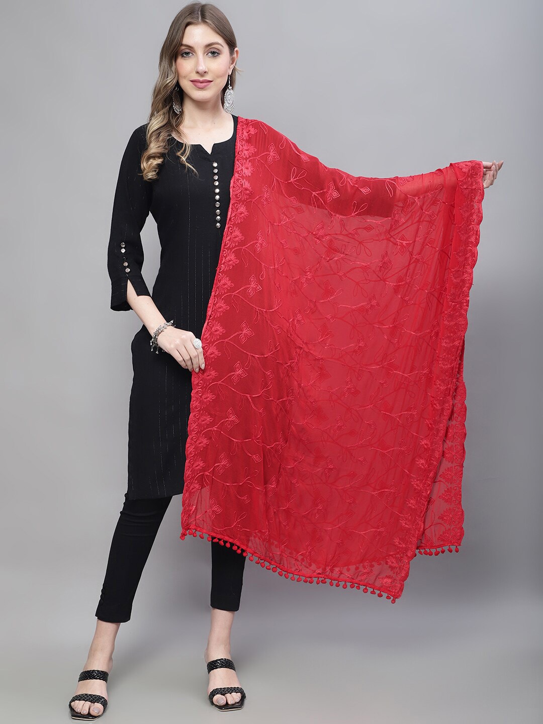 

LOOM LEGACY Floral Embroidered Dupatta, Red