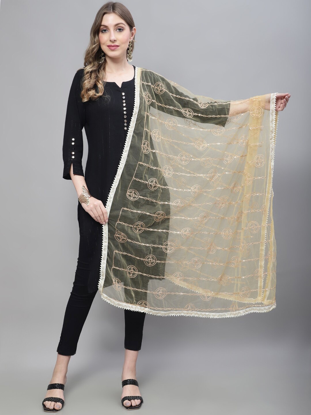 

LOOM LEGACY Ethnic Motifs Embroidered Dupatta, Gold