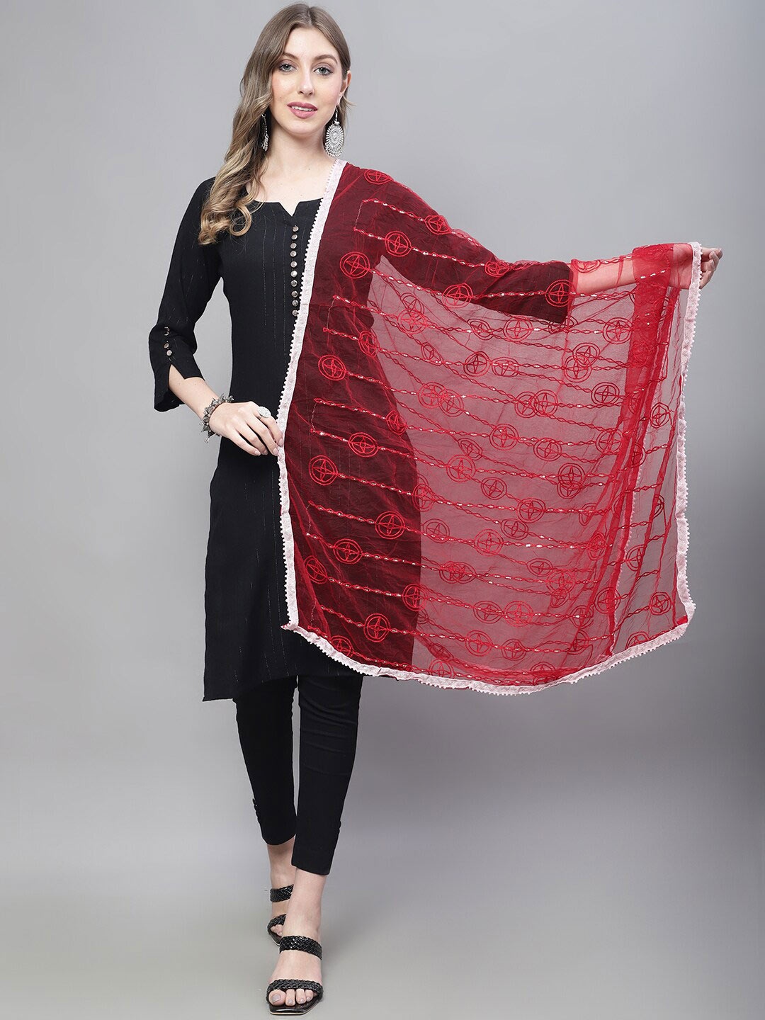 

LOOM LEGACY Ethnic Motifs Embroidered Dupatta, Red