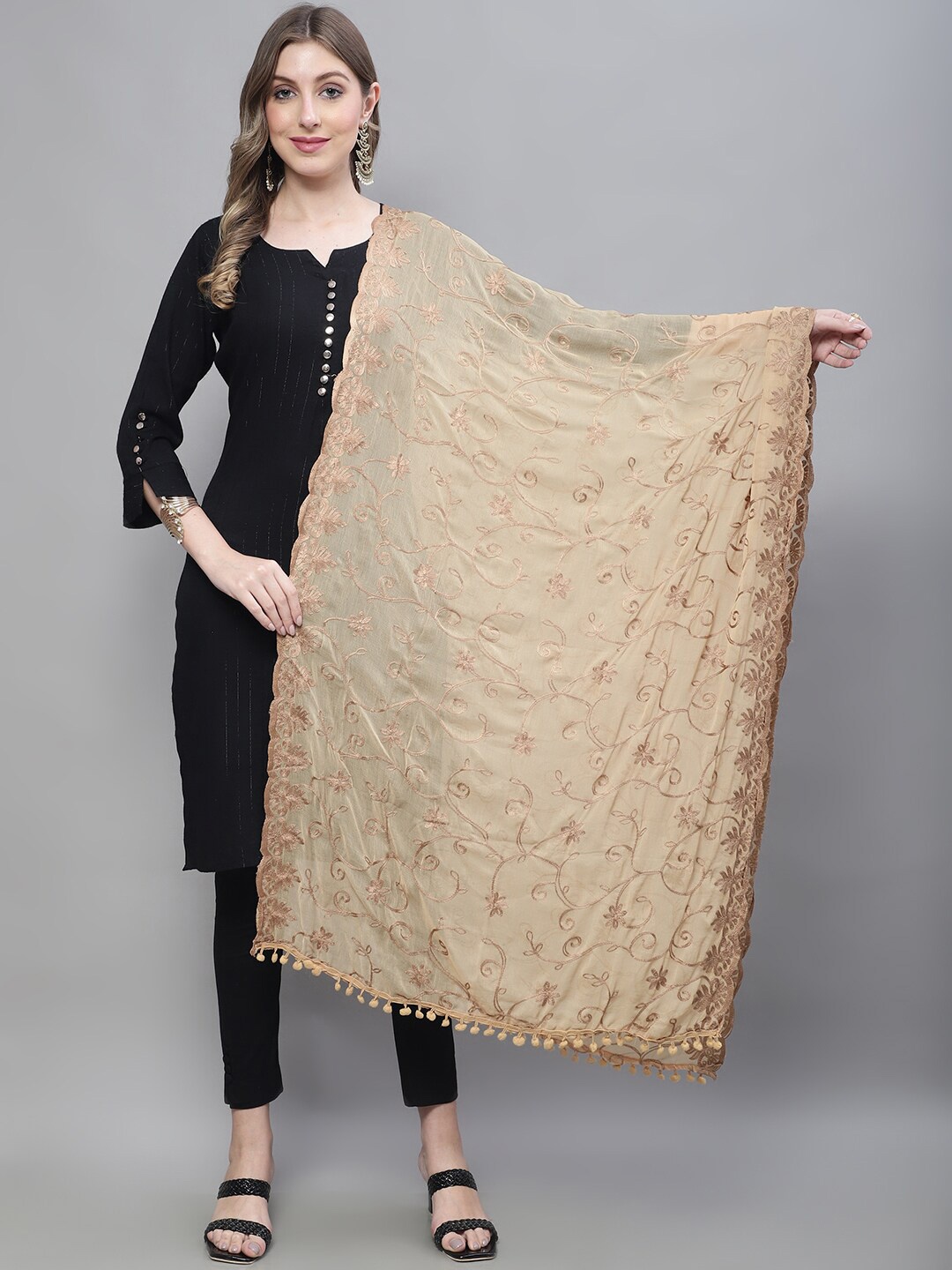 

LOOM LEGACY Floral Embroidered Dupatta, Gold