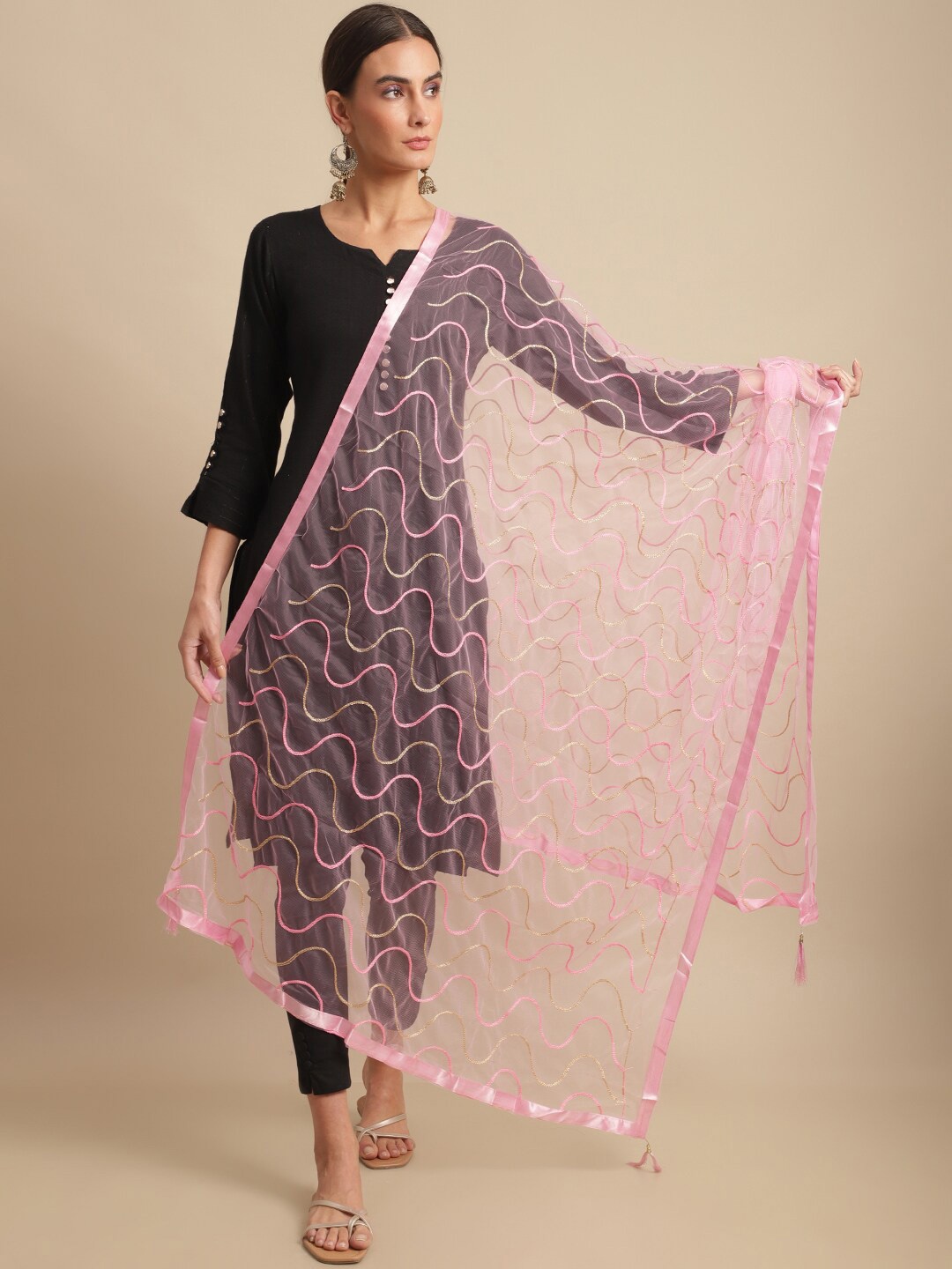 

LOOM LEGACY Abstract Embroidered Dupatta, Pink