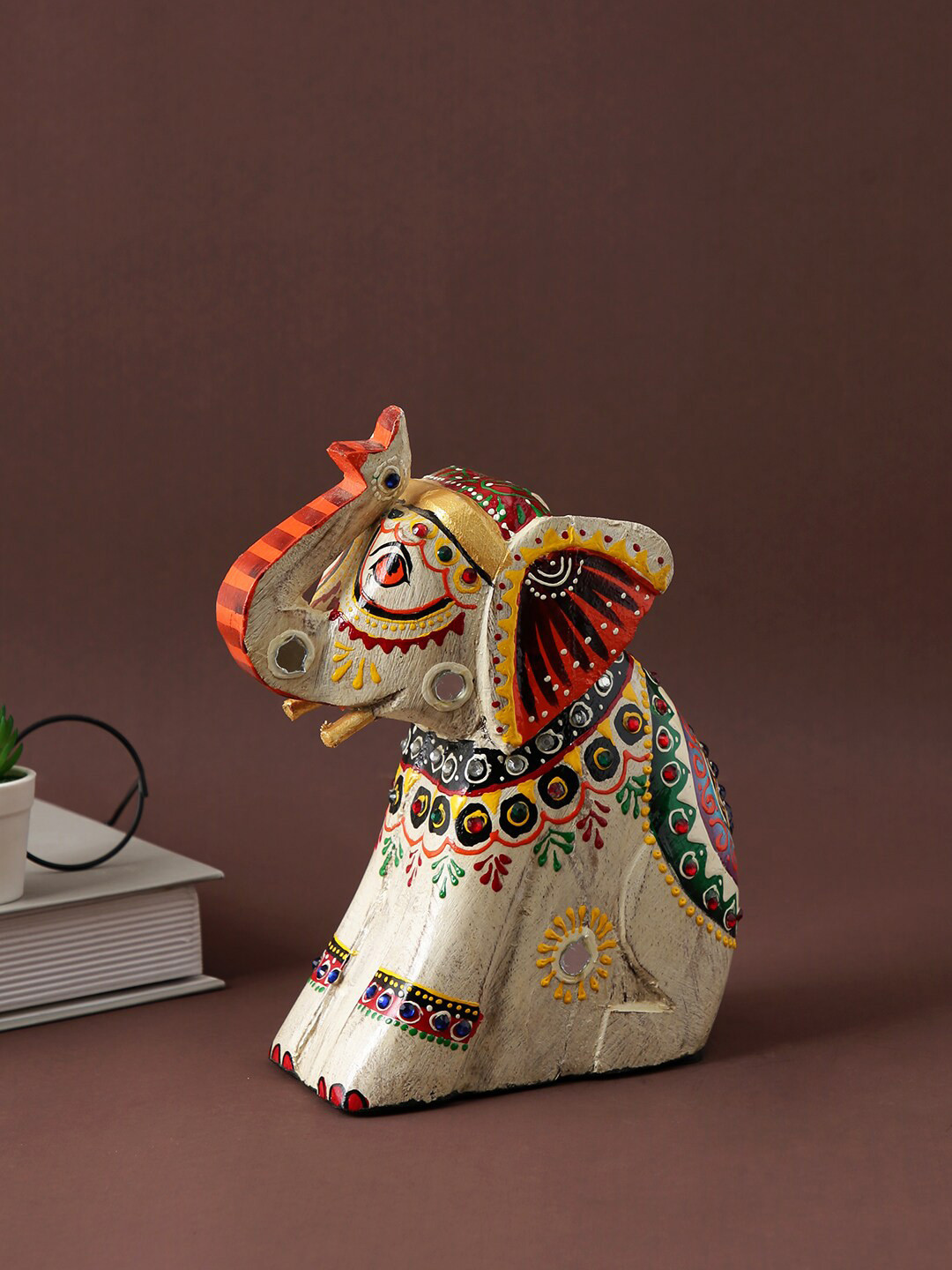 

Aapno Rajasthan White & Red Wooden Elephant Showpiece