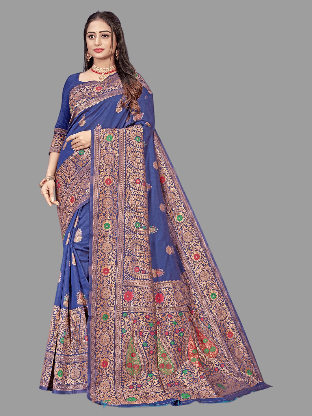 

HASRI Ethnic Motifs Woven Design Zari Art Silk Banarasi Saree, Blue
