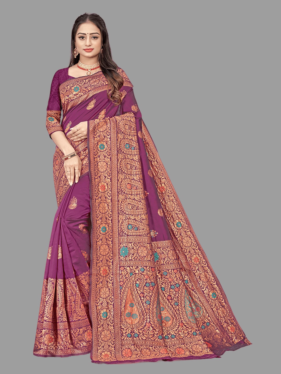 

HASRI Ethnic Motifs Woven Design Zari Art Silk Banarasi Saree, Purple