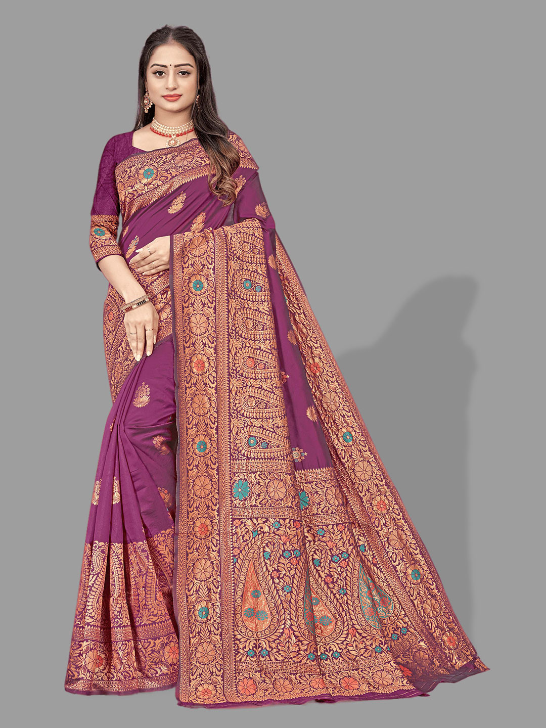 

HASRI Ethnic Motif Woven Design Art Silk Banarasi Saree, Purple