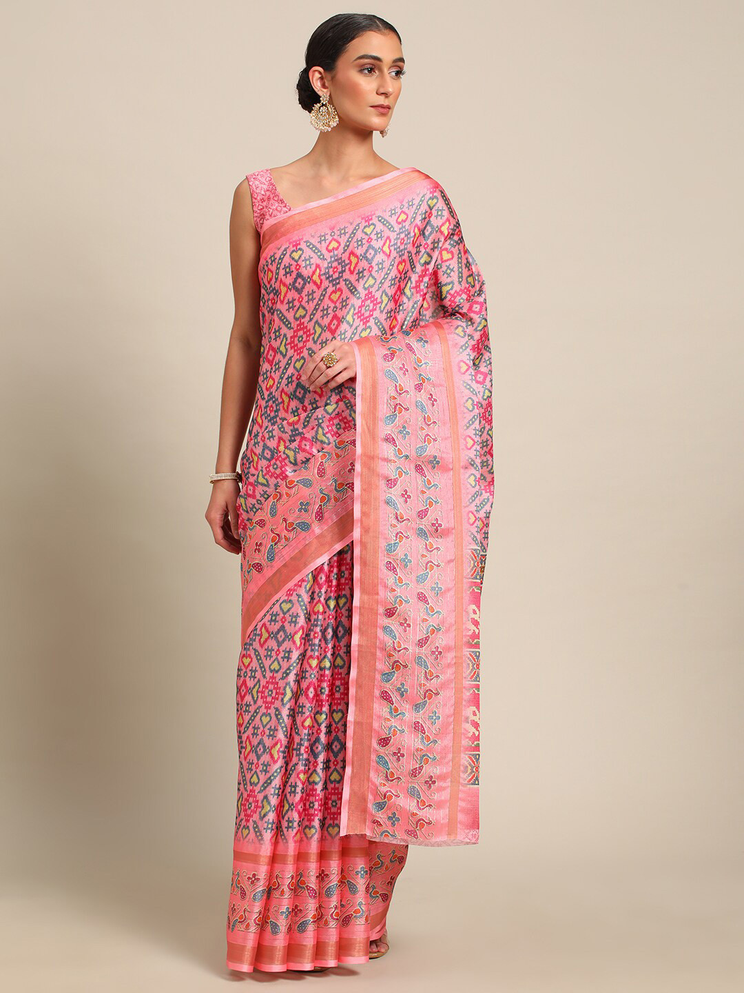 

all about you Ethnic Printed Zari Saree, Pink