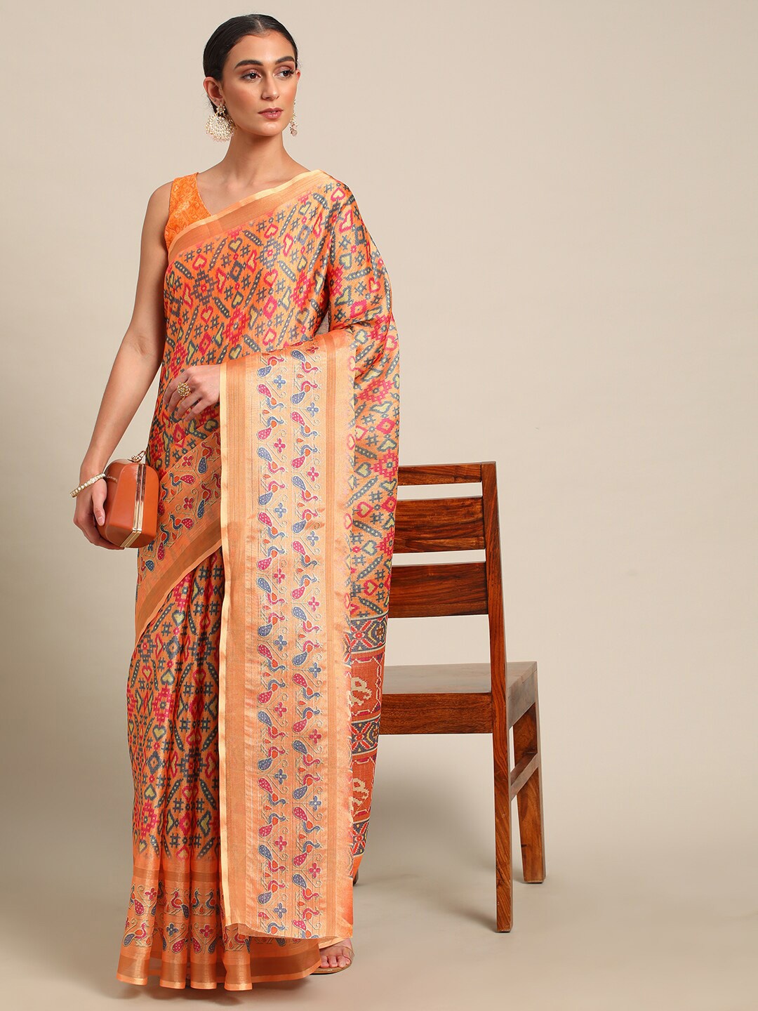 

all about you Orange & Tan Ethnic Motifs Printed Zari Saree