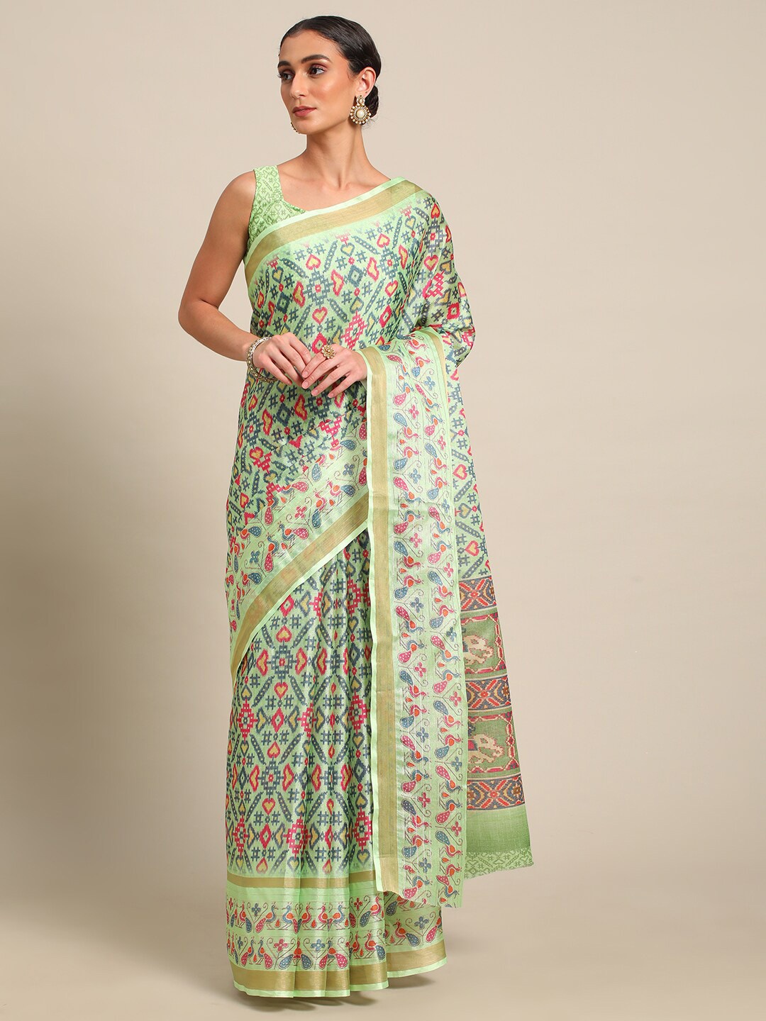 

all about you Ethnic Printed Zari Saree, Green