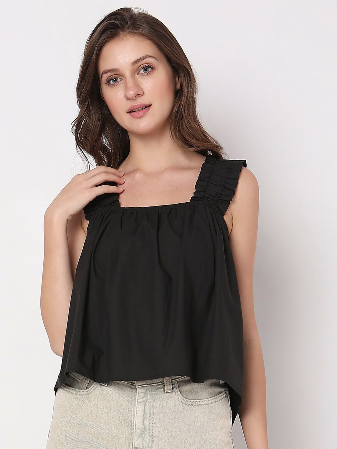 

Vero Moda Shoulder Straps Cotton Regular Top, Black