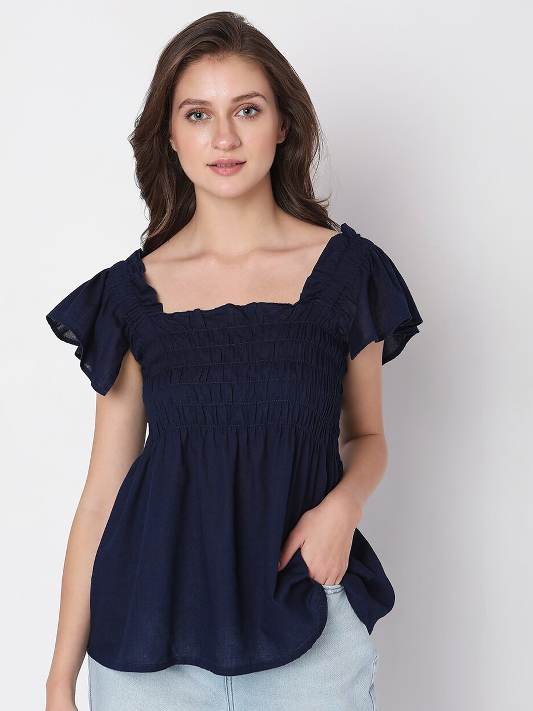 

Vero Moda Square Neck Flutter Sleeves Smocked Cotton A-Line Top, Navy blue