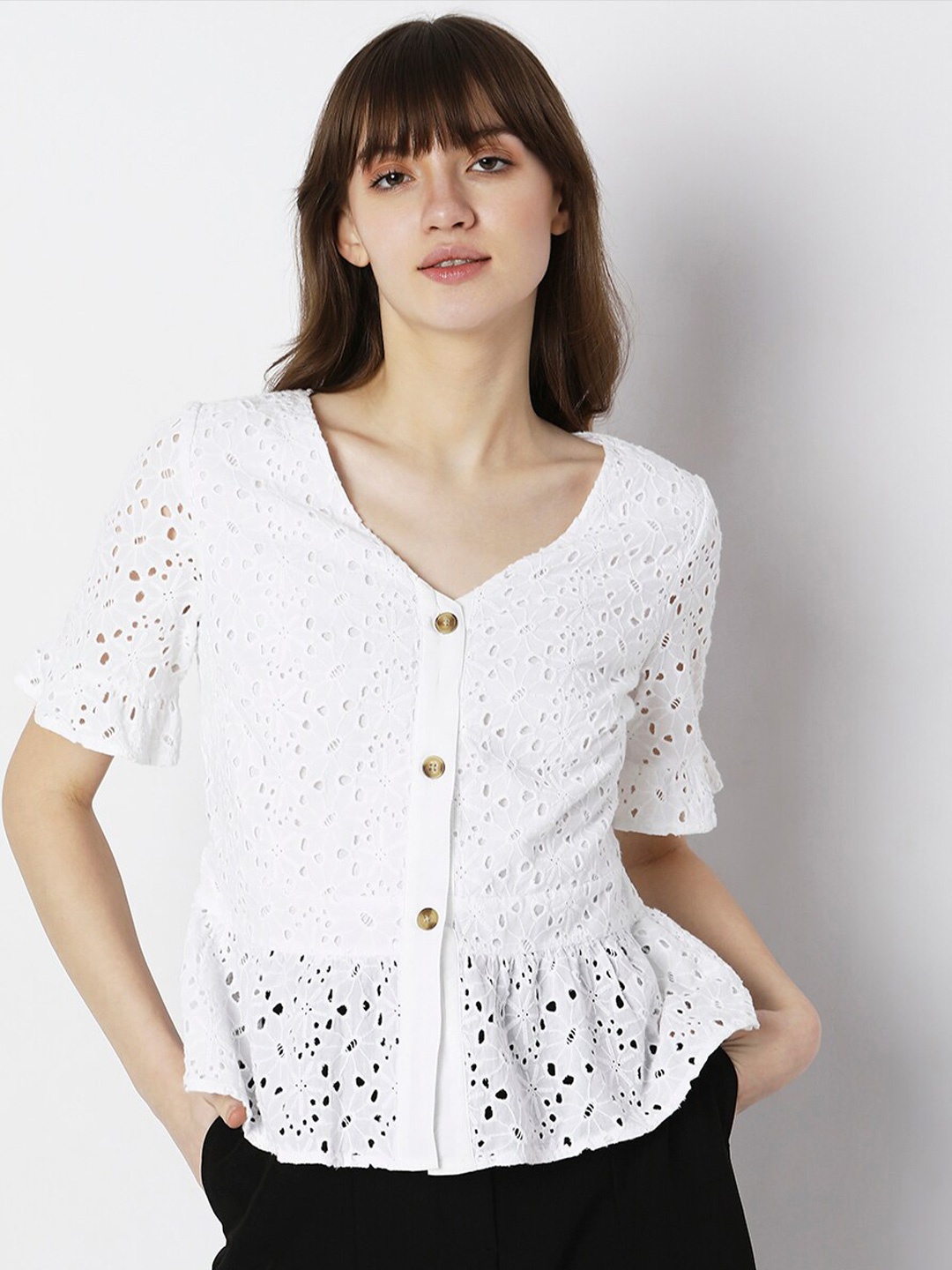 

Vero Moda Self Design Bell Sleeves Cotton Peplum Top, White