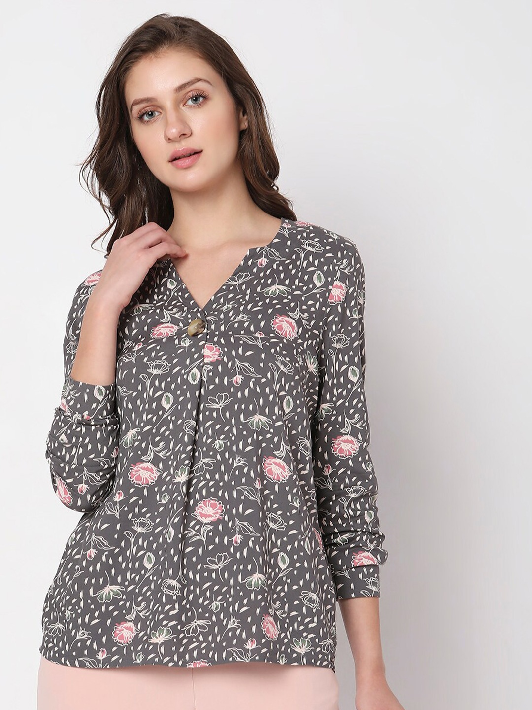 

Vero Moda Floral Printed Cuffed Sleeves Regular Top, Grey