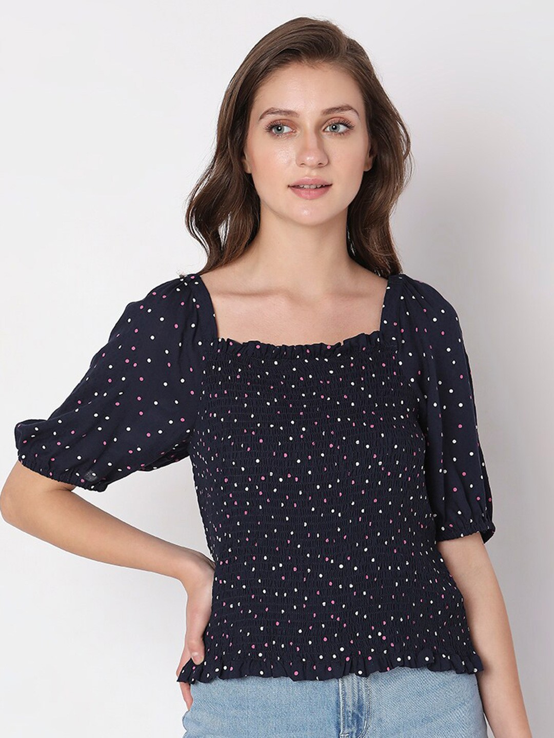 

Vero Moda Polka Dots Printed Puff Sleeves Regular Top, Navy blue