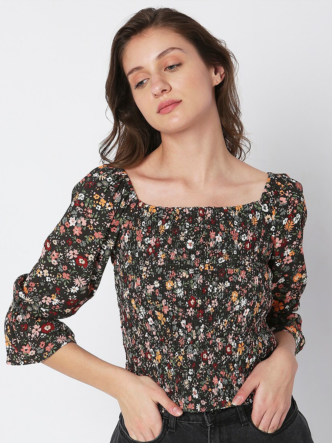 

Vero Moda Floral Printed Square Neck Bell Sleeve Top, Black