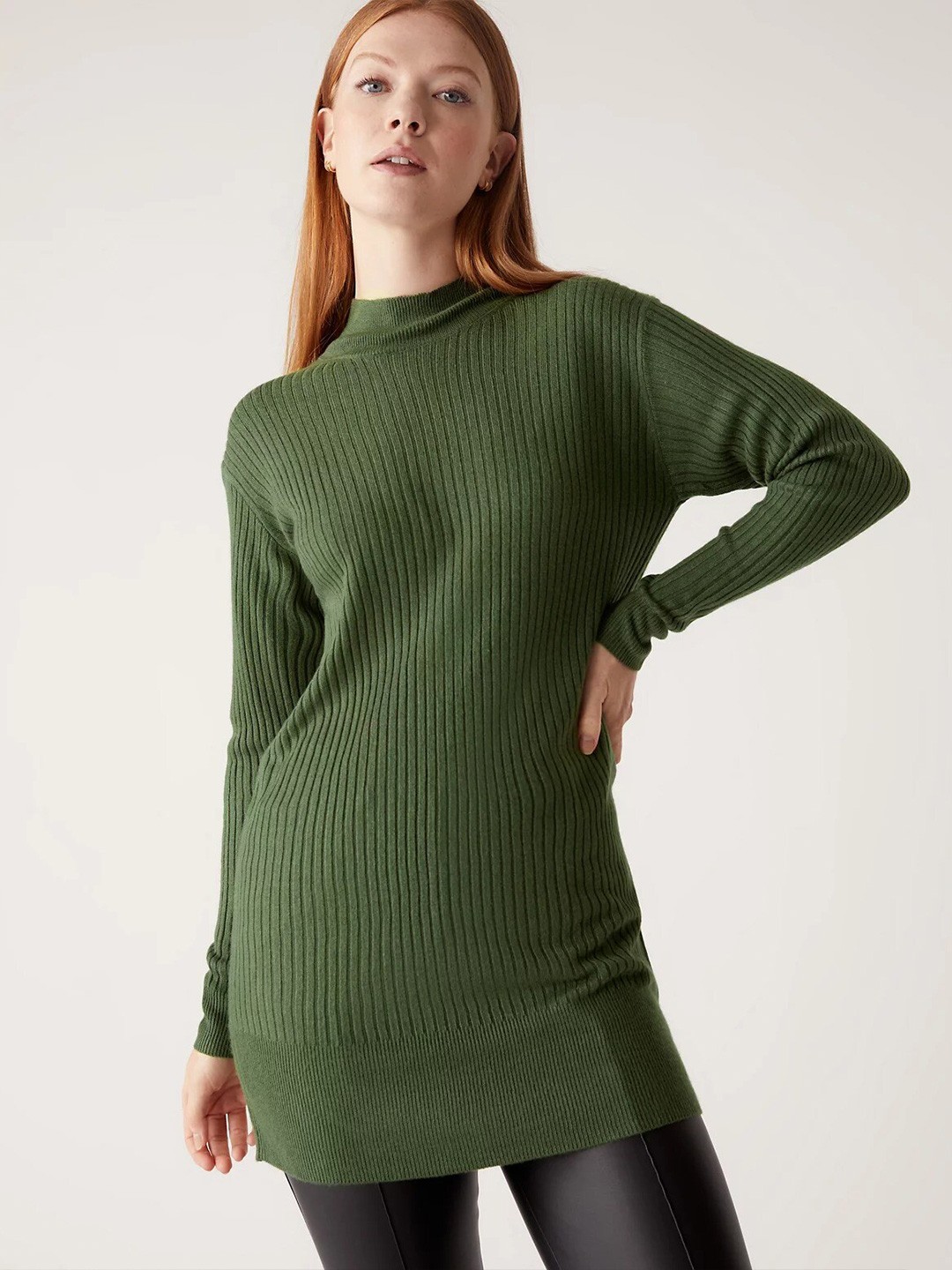 

Marks & Spencer Round Neck Ribbed Acrylic Longline Pullover, Green