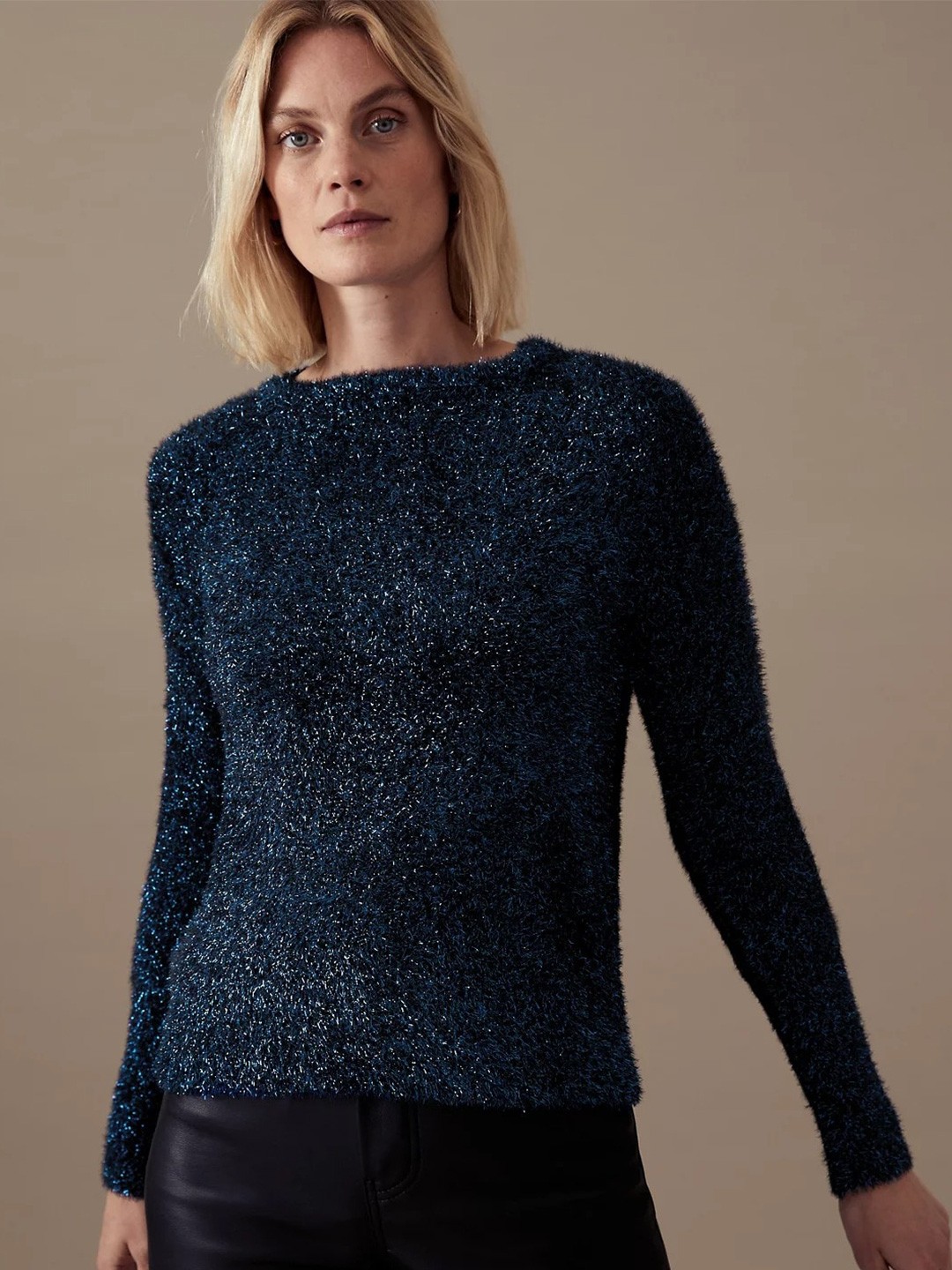 

Marks & Spencer Long Sleeves Fuzzy Detail Pullover Sweater, Navy blue