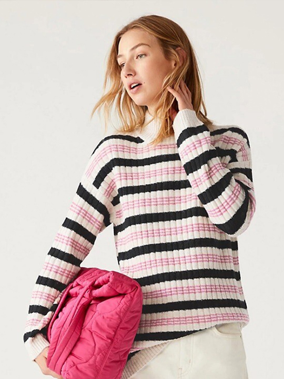 

Marks & Spencer Women Striped High Neck Sweater, Beige