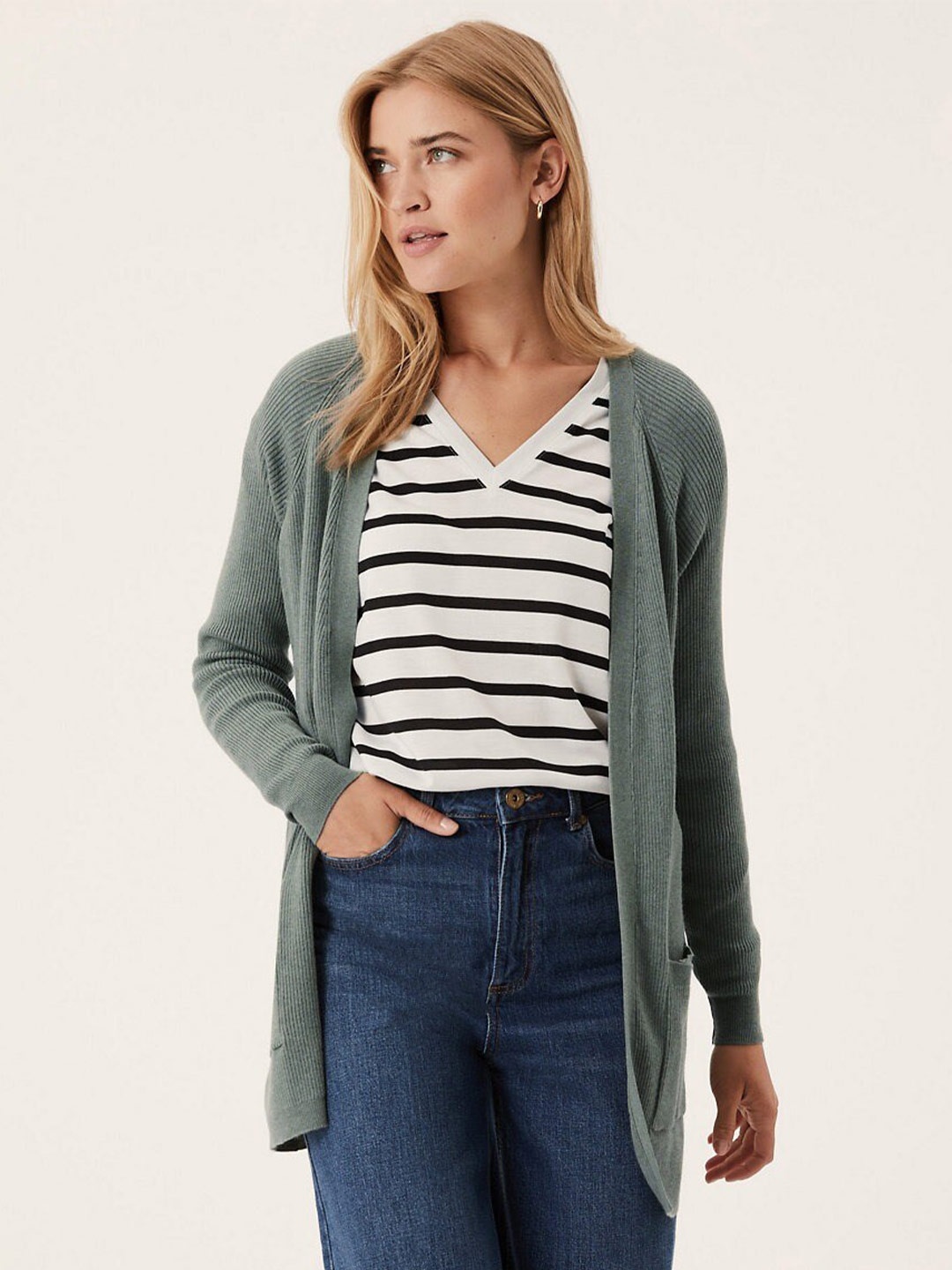 

Marks & Spencer Women Front Open Ribbed Sweater, Grey