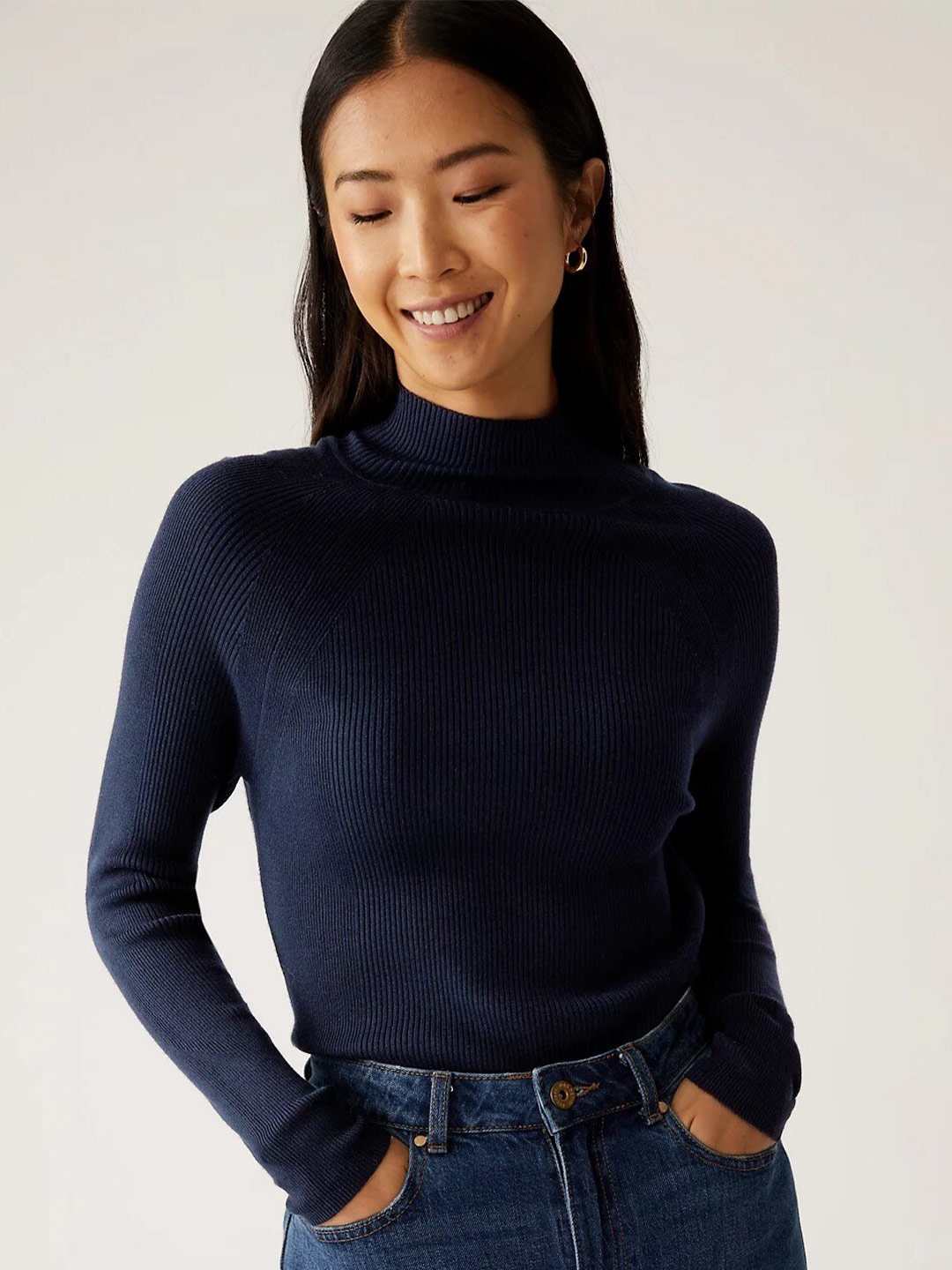 

Marks & Spencer Women Ribbed Turtle Neck Sweater, Navy blue
