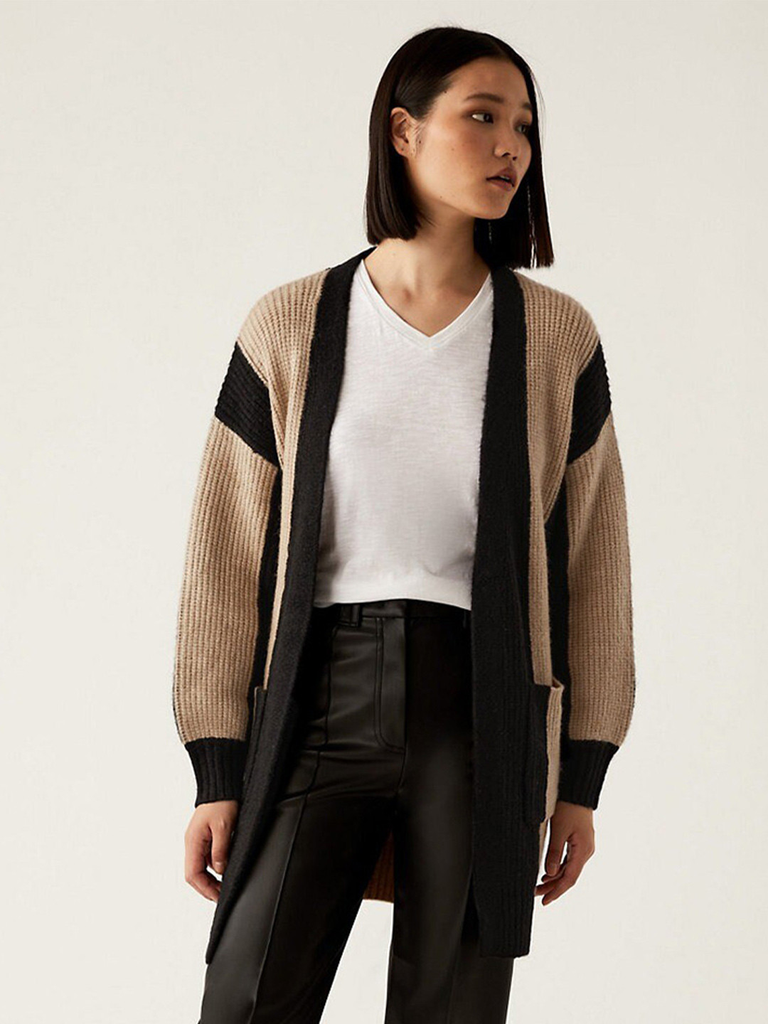 

Marks & Spencer Women Front Open Colourblocked Sweater, Black