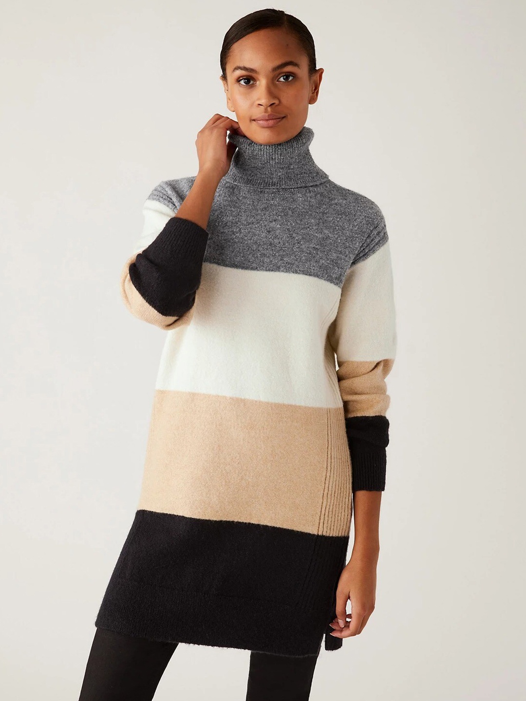 

Marks & Spencer Women Colourblocked Turtle Neck Sweater, Beige