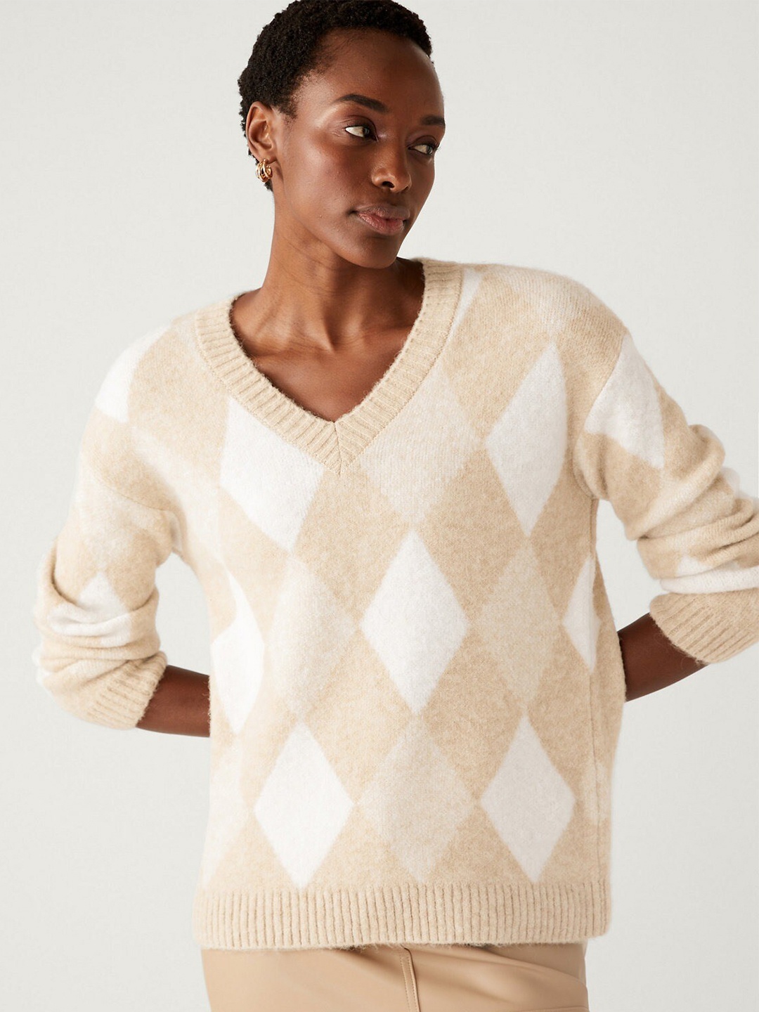 

Marks & Spencer Women V-Neck Checked Sweater, Camel brown