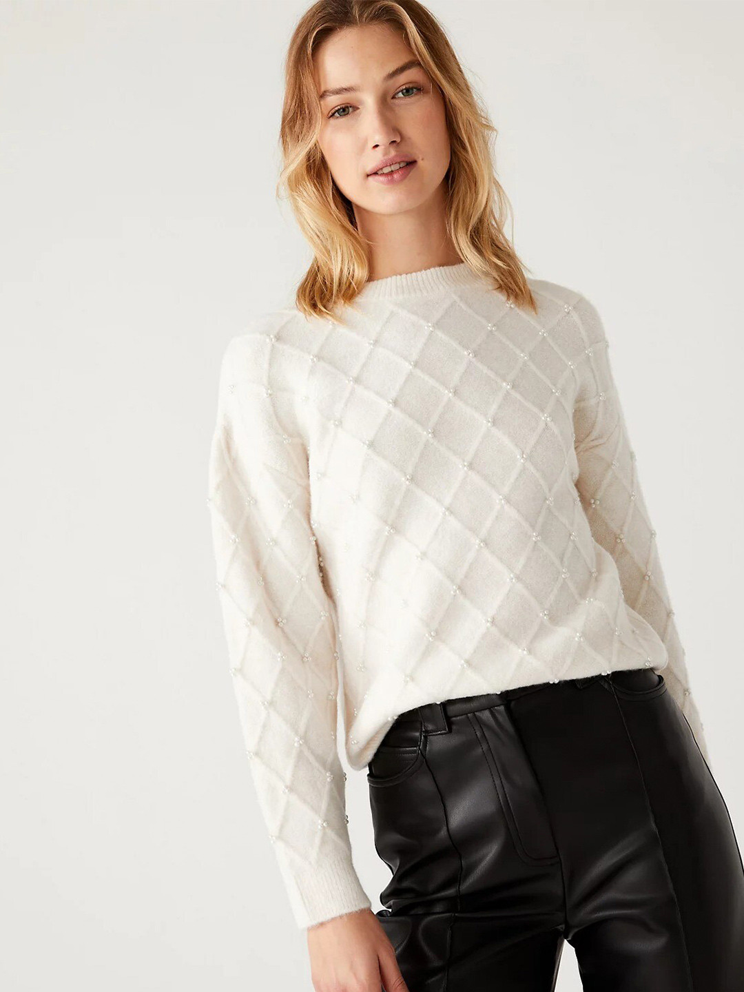 

Marks & Spencer Checked Round neck Pullover, Cream