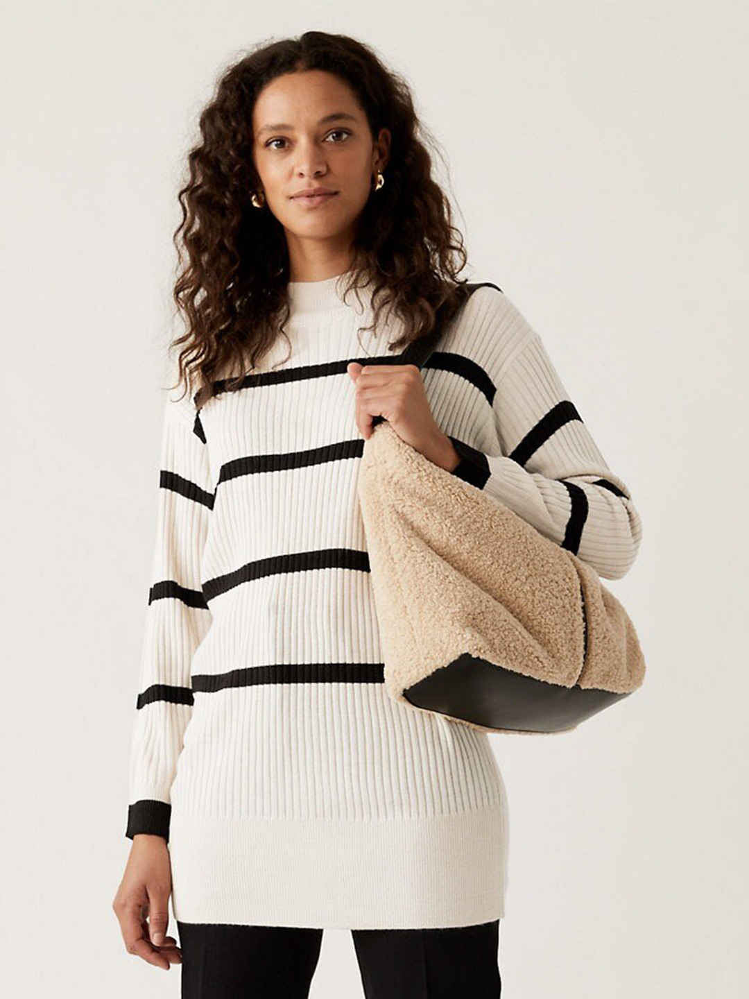

Marks & Spencer Horizontal Striped Acrylic Longline Pullover Sweater, Beige