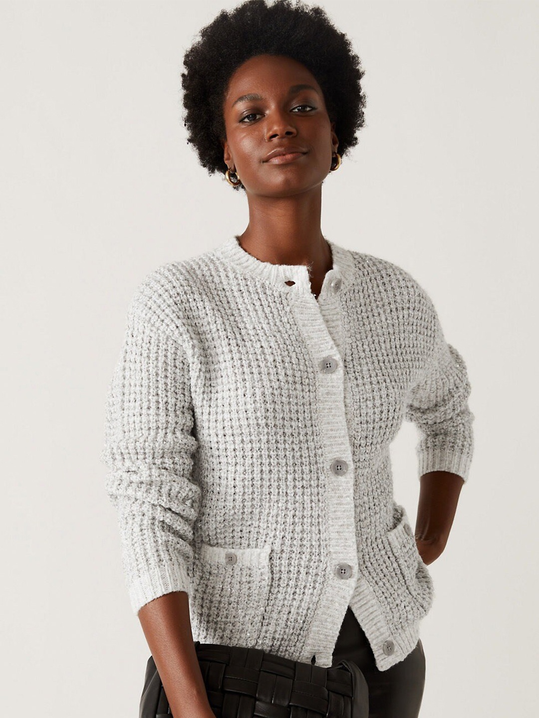 

Marks & Spencer Henley Neck Ribbed Cardigan, Grey