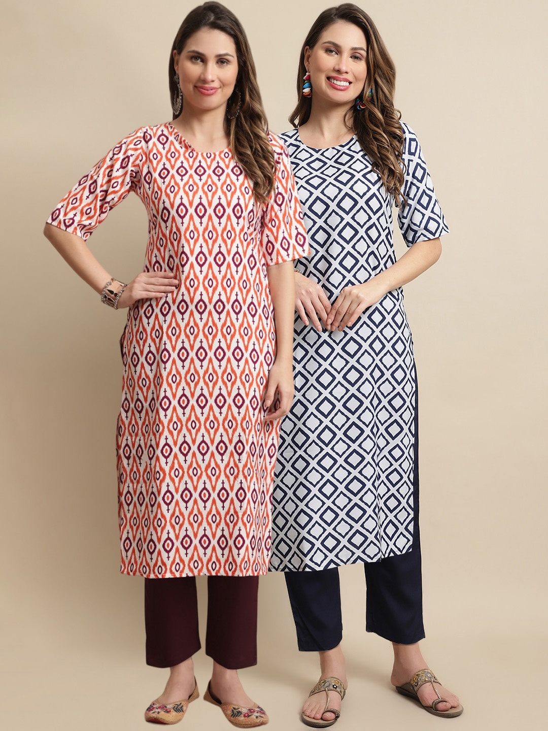 

KALINI A Selection Of 2 Geometric Printed Regular Kurta With Trousers, Navy blue